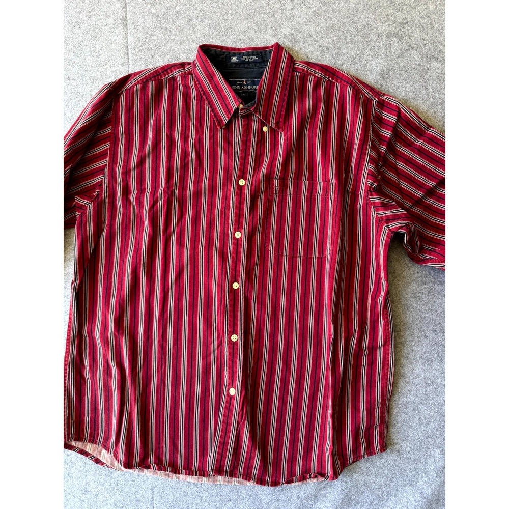 John Ashford Mens Large Red Striped Cotton Button‎ Down Shirt